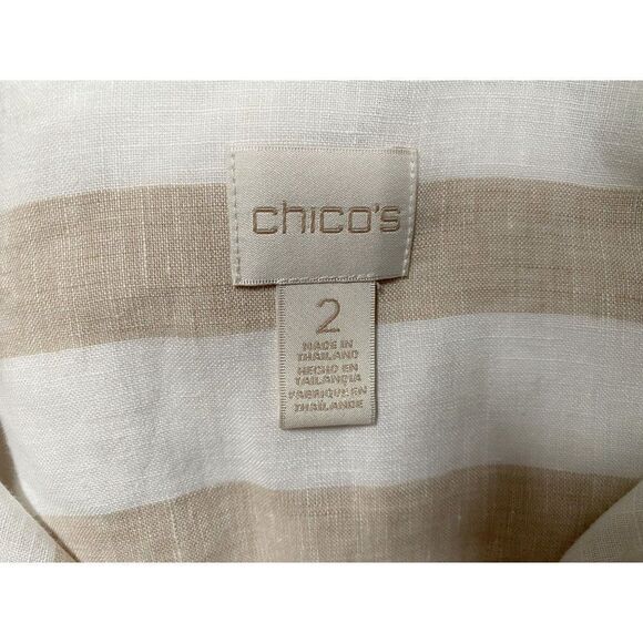 Chico's 100% Linen Button Front Blouse Striped Front Chevron Back Tan White Sz 2 - Picture 5 of 5